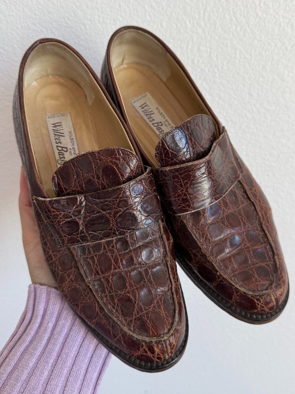Wilkes Bashford Penny Loafers 6.5 Brown Crocodile Leather Lug Sole Made in Italy